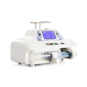 Infusion Pump Isolated On White Background. Syringe Infusion Pump. Intravenous Infusion Syringe Pump. IV Infusion. Anesthesia Delivery System. Medical Equipment