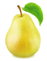 Ripe yellow pear with green leaf isolated