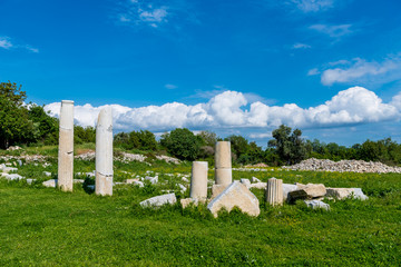 Fototapeta na wymiar Columns and marble decorations remains at Teos ancient city, Seferihisar, Izmir,Turkey