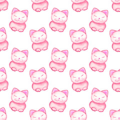 Seamless pattern with cute pink watercolor cats