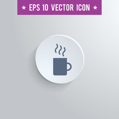 Stylish coffee mug icon. Blue colored symbol on a white circle with shadow on a gray background. EPS10 with transparency.