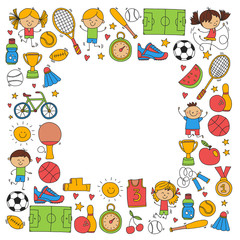 Children sport Fitness Football Volleyball Tennis Basketball Bicycle Running Award Baseball Kids sport for boys and girls Vector pattern
