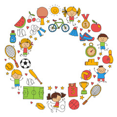 Children sport Fitness Football Volleyball Tennis Basketball Bicycle Running Award Baseball Kids sport for boys and girls Vector pattern