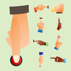 Hand press red button finger press control push pointer gesture human body part vector illustration.