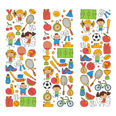 Children sport Fitness Football Volleyball Tennis Basketball Bicycle Running Award Baseball Kids sport for boys and girls Vector pattern