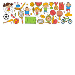 Children sport Fitness Football Volleyball Tennis Basketball Bicycle Running Award Baseball Kids sport for boys and girls Vector pattern