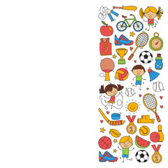 Children sport Fitness Football Volleyball Tennis Basketball Bicycle Running Award Baseball Kids sport for boys and girls Vector pattern