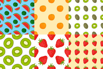 Cartoon fresh fruits in flat style seamless pattern food summer design wallpaper vector illustration.