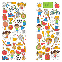 Children sport Fitness Football Volleyball Tennis Basketball Bicycle Running Award Baseball Kids sport for boys and girls Vector pattern