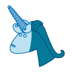 blue silhouette of face side view of male unicorn with mane vector illustration