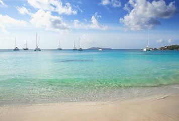 Obraz premium White yachts in the clear waters of Anse Lazio