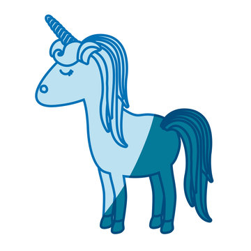 blue silhouette of cartoon unicorn standing with closed eyes and striped mane vector illustration