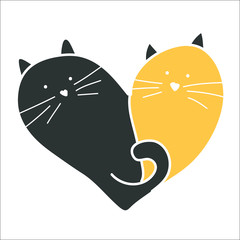 Two cats are woven in the shape of hearts, vector illustration