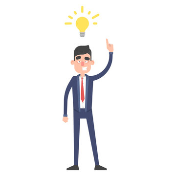 Successful businessman have idea bulb. Office worker character in suit