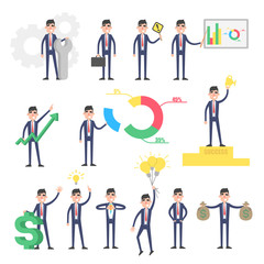 Large set businessman with infographics, idea bulb, money and more. Office worker character in differnet poses