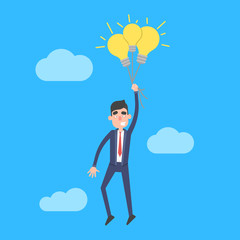 Businessman flying holding idea bulbs in sky. Office worker character in suit