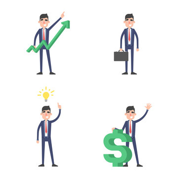 Set businessman with briefcase, idea bulb, infographic and dollar sign. Office worker character in differnet poses