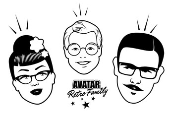 Avatar Retro Family. Cartoon faces retro style. Vector illustration.