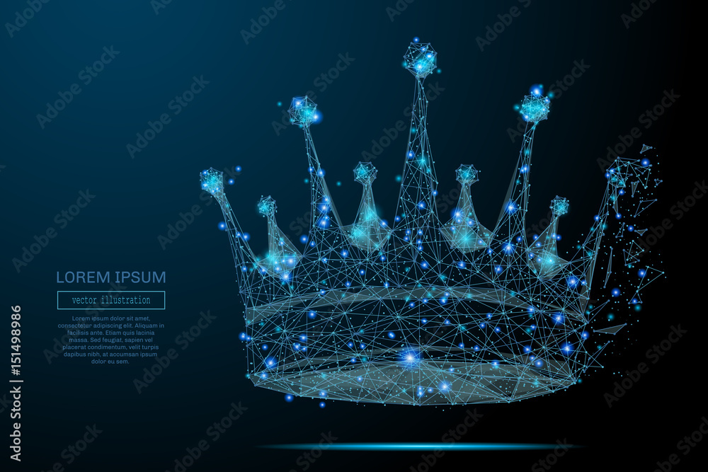 Poster Abstract image of a crown in the form of a starry sky or space, consisting of points, lines, and shapes in the form of planets, stars and the universe. Crown vector wireframe concept.