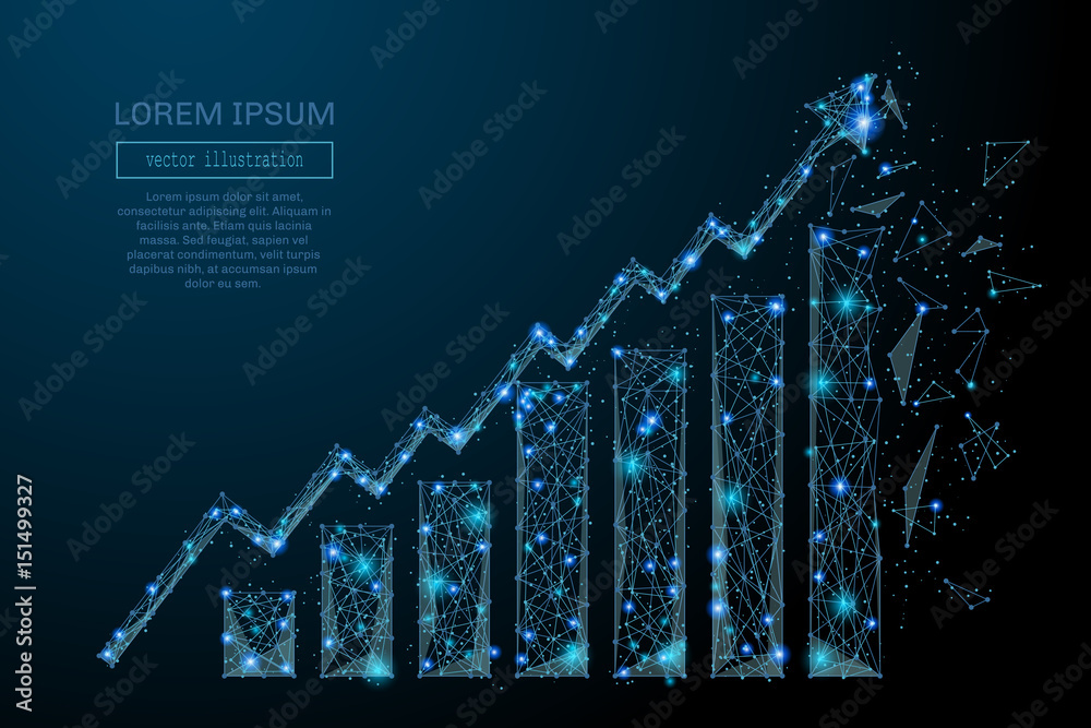 Poster Abstract image of a growth chart in the form of a starry sky or space, consisting of points, lines, and shapes in the form of planets, stars and the universe. Vector wireframe concept.