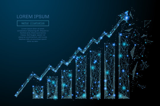 Abstract image of a growth chart in the form of a starry sky or space, consisting of points, lines, and shapes in the form of planets, stars and the universe. Vector wireframe concept.