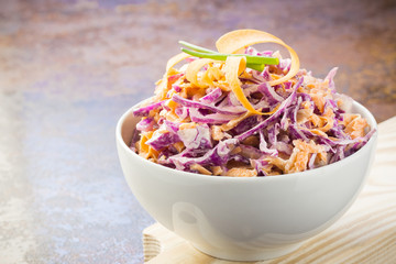 classic red cabbage and carrot coleslaw with vinaigrette. - obrazy, fototapety, plakaty