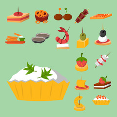 Various meat fish cheese banquet snacks on banquet platter canape snacks appetizer delicious vector.