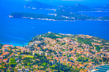 Adriatic coast scenery. / Aerial scenic view at Adriatic Coast landscape in Croatia, coastal town Dubrovnik view. 