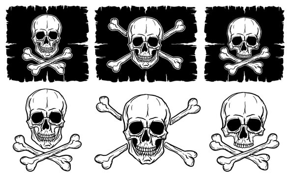 Set of Skulls and Crossbones isolated over white background. Freehand drawing human skulls. Vector illustration.