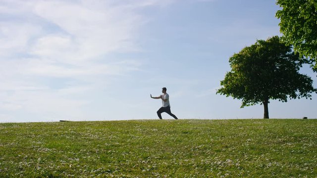 Lone man practicing marital art of tai chi outdoors in the countryside