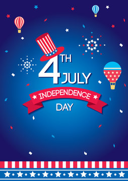 Happy Independence day United states of America, 4th Jul. Night party decorated with balloon and fireworks on dark blue background.