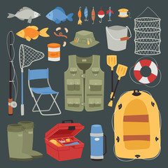 Obraz premium Fishing outdoor vacation fun activity icons set isolated fishery hobby design vector illustration