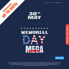 Memorial Day Sale vector poster with color text, blue buy button and terms on the dark blue background with white stripe.
