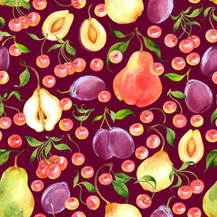 Seamless watercolor pattern with pear, plum and cherry on red background