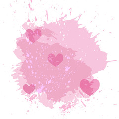 Abstract watercolor spot background with pink hearts . Splash texture background isolated on white.