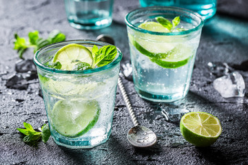 Cold and tasty Mojito with lime and mint