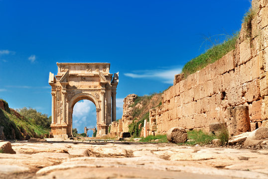 Libya Tripoli Leptis Magna Roman archaeological site Arch of Septimus Severus Unesco World Heritage Site