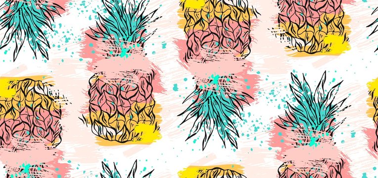 Hand drawn vector abstract tropical seamless pattern with pineapple in pastel colors and freehand textures isolated on white background.Summer time concept,wedding,birthday,save the date,decoration