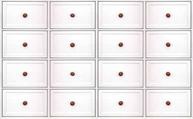 front view of white vintage drawer cabinets