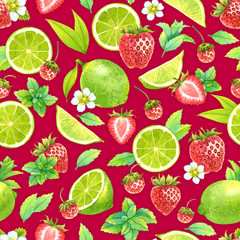 Seamless watercolor pattern with lime, mint and strawberry on red background