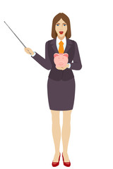 Businesswoman holding a pointer and piggy bank
