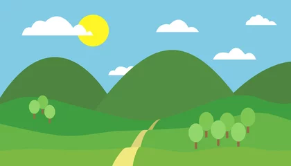 Schilderijen op glas Cartoon kleurrijke vectorillustratie van berglandschap met heuvel, pad en bomen onder blauwe hemel met wolken en zon op een zonnige dag © Forgem
