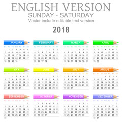 2018 Crayons Calendar English Version Sunday to Saturday