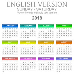2018 Calendar English Language Version Sunday to Saturday