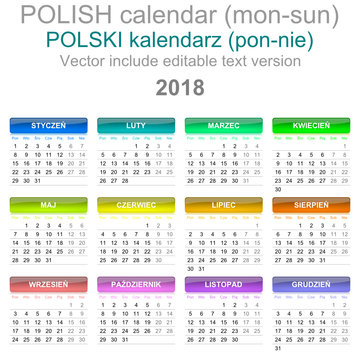 2018 Calendar Polish Language Version Monday to Sunday