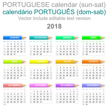 2018 Crayons Calendar Portuguese Version Sunday to Saturday