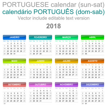 2018 Calendar Portuguese Language Version Sunday to Saturday