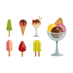 Set ice cartoon colorful cream dessert vector illustration chocolate food sweet cold isolated icon snack cone tasty fruit frozen candy collection