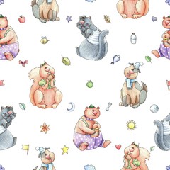 Baby Seamless Hand Drawn Pattern. Funny characters and doodles hand drawn with color pencils. Perfect for kids and babies. Squirrel, cat, dog and bear.