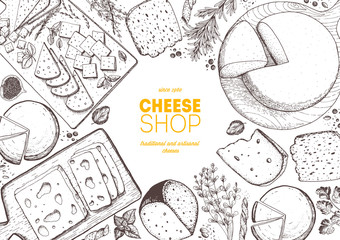 Cheese top view frame. Vector illustration with a collection of cheese. Engraved style image. Dairy farm products cheese.